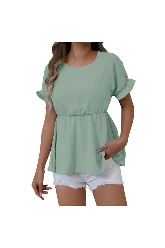 Women's Casual Ruffle Sleeve Blouse Round Neck Swiss Dot Peplum Tops for Summer Daily & Party Wear