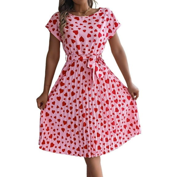 Ruimatai Women's Casual Sexy V Neck Short Sleeve Dress Summer Loose Print Flowy Party Dress with Waist Tie and Ruffle Hem