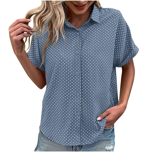 Ruimatai Women's Casual Shirt Short Sleeve Lapel Button Down Blouse with Soft Breathable Fabric for Spring Summer