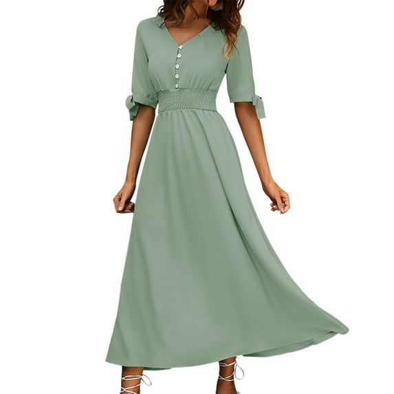 Ruimatai Women's Casual Short Sleeve Dress Solid Color Cardigan Vintage Style Comfortable Daily Wear Party Beach Travel Outfit