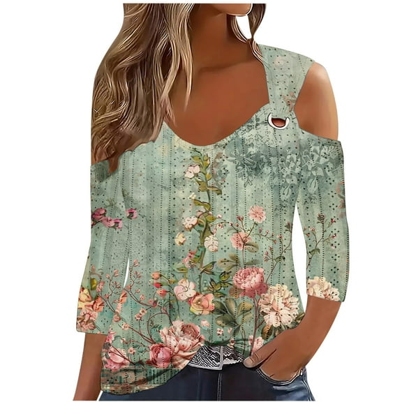 Ruimatai Women's Casual Short Sleeve Pullover 2024 Fashion Printed Shoulder Cutout Top Comfortable Stretchy Blouse Trendy Loose Fit T-Shirt