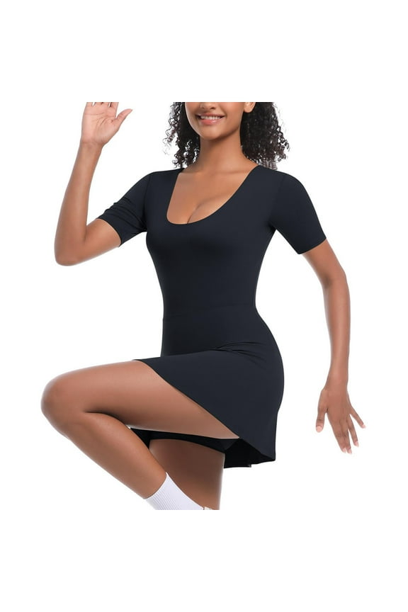 Women’s Casual Short Sleeve Round Neck Dress Loose Fit Tennis Dress with Built-in Shorts for Party Beach Workout Daily Wear