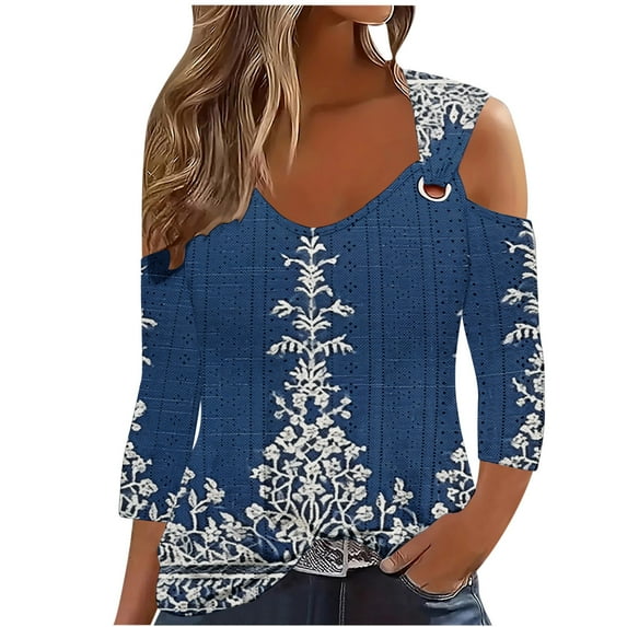 Ruimatai Women's Casual Off Shoulder Short Sleeve Blouse Fashion Printed Pullover Top Lightweight Comfortable V-Neck Shirt for Spring Winter Dating Party