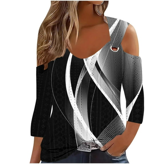 Ruimatai Women's Casual Off Shoulder Short Sleeve Blouse Fashion Printed Pullover Top Lightweight Comfortable V-Neck Shirt for Spring Winter Dating Party