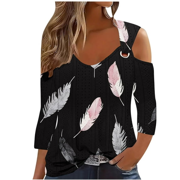 Ruimatai Women's Casual Off Shoulder Short Sleeve Blouse Fashion Printed Pullover Top Lightweight Comfortable V-Neck Shirt for Spring Winter Dating Party