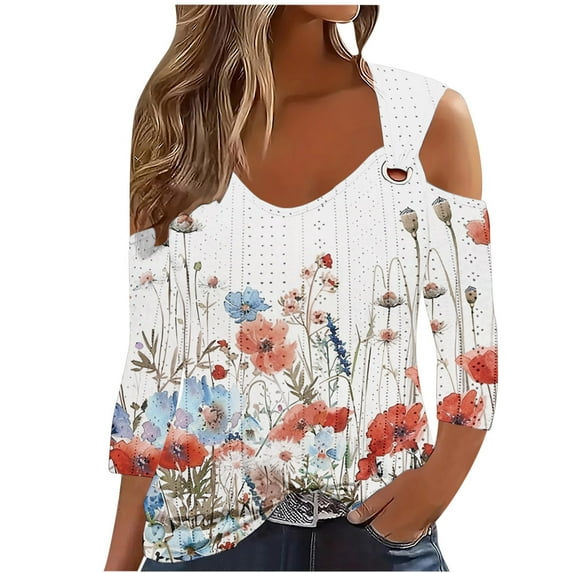 Ruimatai Women's Casual Off Shoulder Short Sleeve Blouse Fashion Printed Pullover Top Lightweight Comfortable V-Neck Shirt for Spring Winter Dating Party