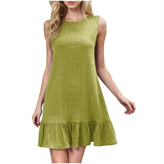 Ruimatai Women's Casual Sleeveless Sundress Solid Color Back Button Crew Neck Summer Dress for Daily Wear Party Date