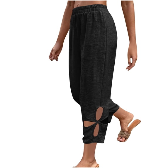 Ruimatai Women's Casual Solid Color Pants with Side Pockets, Full Length Hollow Out Design, Comfortable Stretch Polyester Spandex Fabric for Everyday Wear