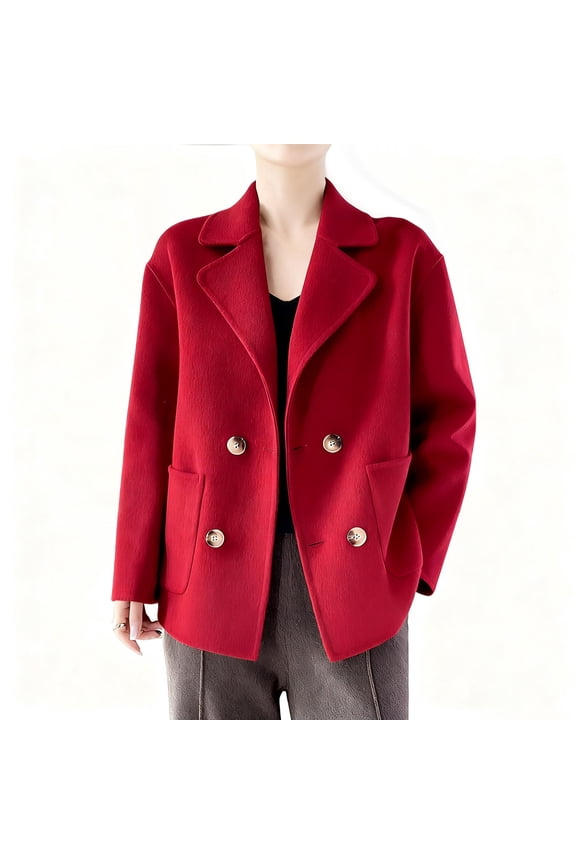 Women's Casual Solid Wool Blend Blazer Jacket with Pockets, Lapel Collar Long Sleeve Coat for Daily Wear, Spring and Winter Fashion Outerwear