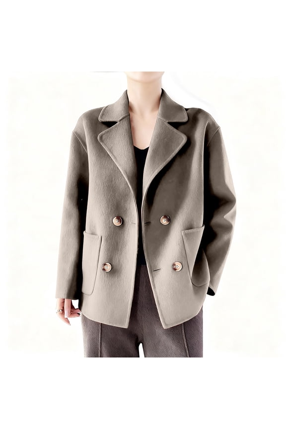 Women's Casual Solid Wool Blend Blazer Jacket with Pockets, Lapel Collar Long Sleeve Coat for Daily Wear, Spring and Winter Fashion Outerwear