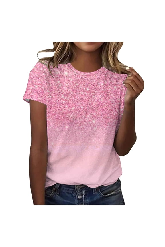 Women's Casual Sparkling Crystal T-Shirt Round Neck Short Sleeve Comfortable Fashion Top with Rhinestone Design