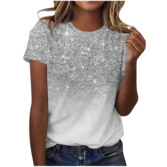 Ruimatai Women's Casual Sparkling Crystal T-Shirt Round Neck Short Sleeve Comfortable Fashion Top with Rhinestone Design