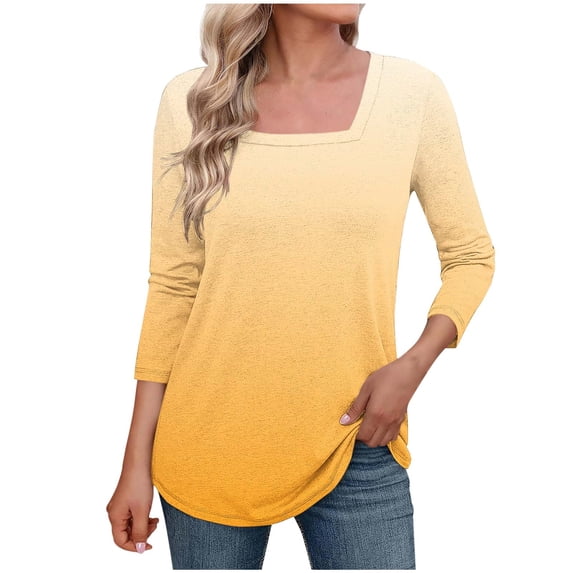 Ruimatai Women's Casual Square Neck Printed Blouse Three-Quarter Sleeve Flowy Tunic Top Comfortable Stretch Fabric Stylish Summer T-Shirt