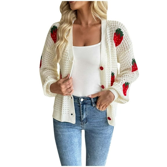 Ruimatai Women's Casual Strawberry Print V-Neck Long Sleeve Knit Cardigan Sweater Lightweight Soft Comfortable Tops for Spring Fall