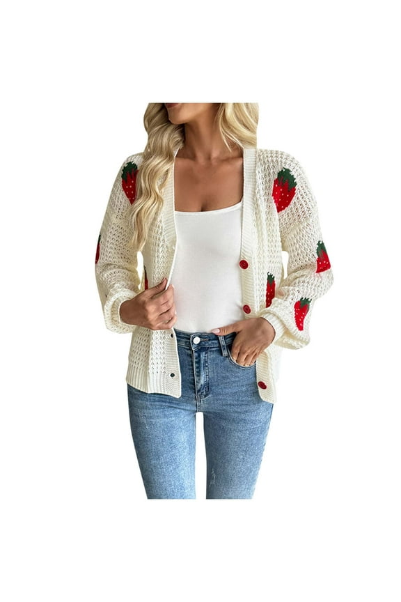 Women's Casual Strawberry Print V-Neck Long Sleeve Knit Cardigan Sweater Lightweight Soft Comfortable Tops for Spring Fall