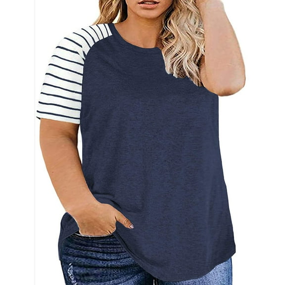 Ruimatai Women's Casual Stripe Spliced Short Sleeve T-Shirt Blouse Tops, Flattering Figure-Highlighting Design for Daily Wear and Parties