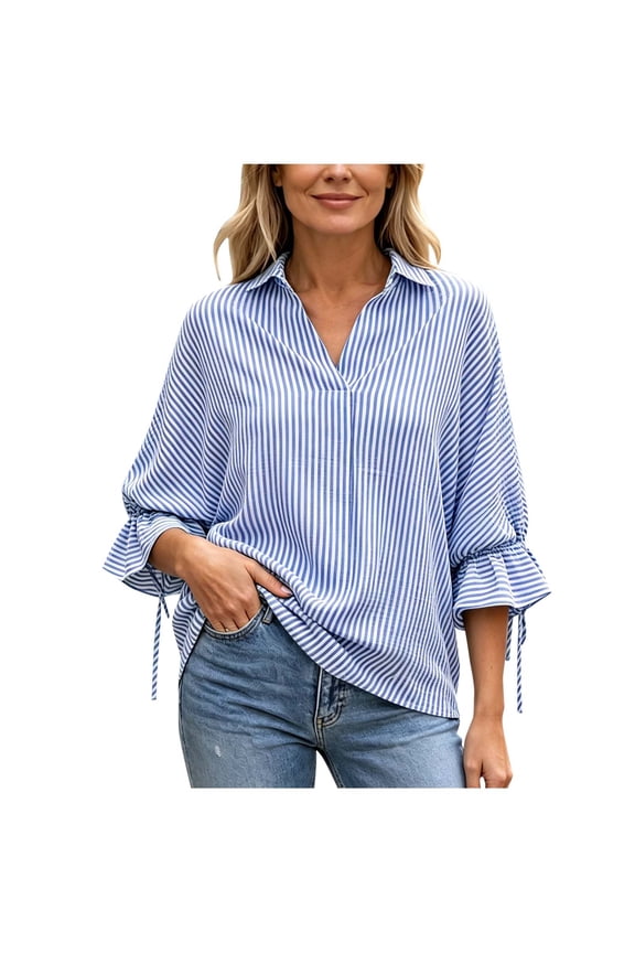 Women's Casual Striped Blouses Collared Drawstring Flounce 3/4 Sleeve Loose Fit Everyday Tops for Women
