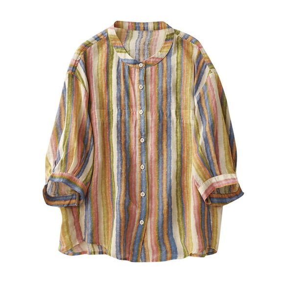 Ruimatai Women's Casual Striped Button Down Shirt 3/4 Sleeve Cotton Linen Blouse Comfortable Loose Fit Vintage Tie-Dye Tops for Spring Summer