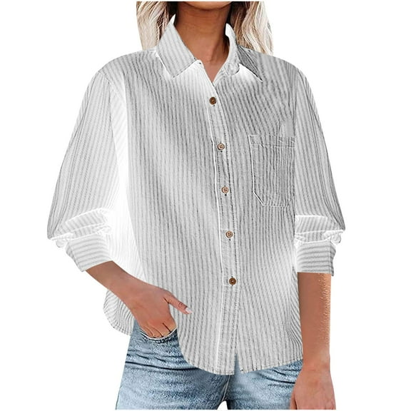 Ruimatai Women's Casual Striped Shirt Long Sleeve Button Down Blouse Loose Fit Comfortable Polyester Spandex Round Neck Top for Home Office Fashion