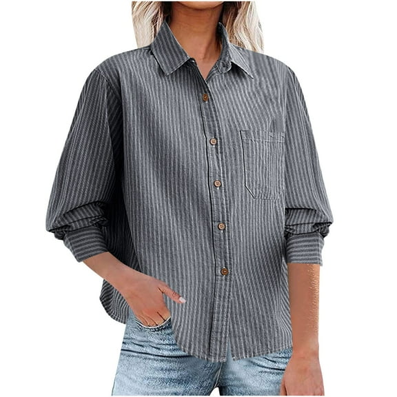 Ruimatai Women's Casual Striped Shirt Long Sleeve Button Down Blouse Loose Fit Comfortable Polyester Spandex Round Neck Top for Home Office Fashion