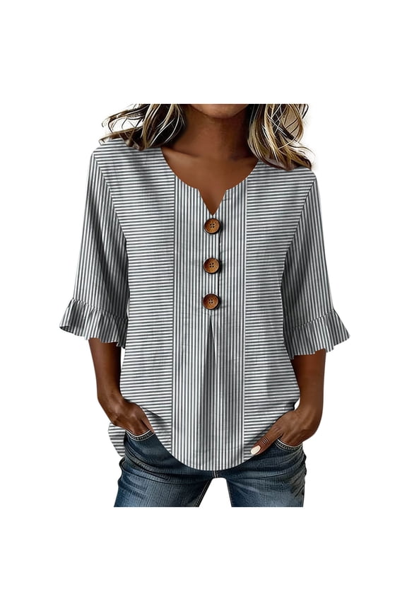 Women's Casual Striped V Neck Button Flare 3/4 Sleeve Loose Fit Everyday Blouses for Women