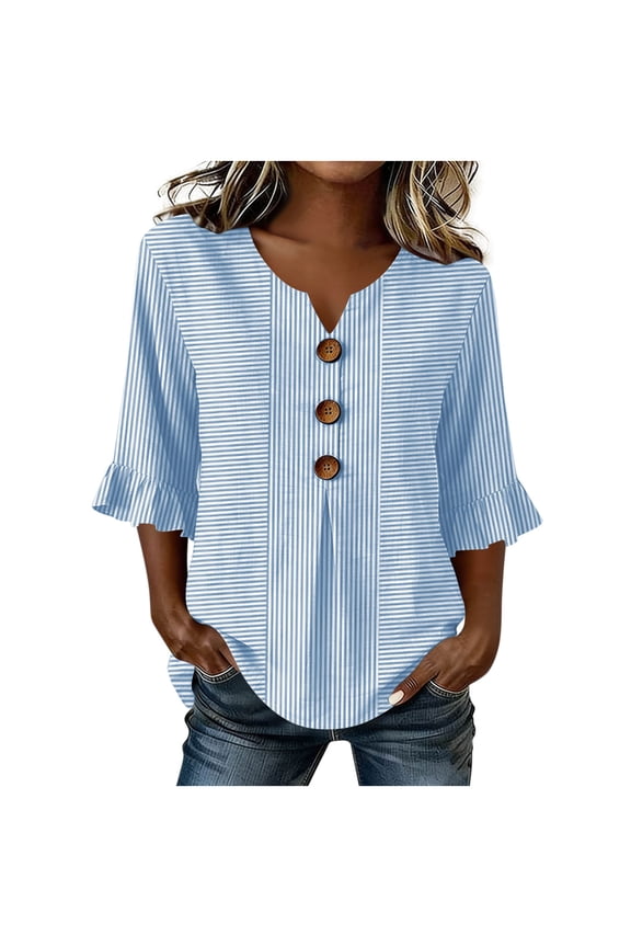 Women's Casual Striped V Neck Button Flare 3/4 Sleeve Loose Fit Everyday Blouses for Women
