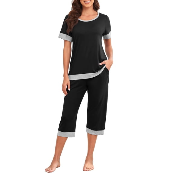Ruimatai Women's Casual Summer 2 Piece Outfits Loose Solid Color Crew Neck Short Sleeved Capris Home Set Pajamas Mothers Day Gifts