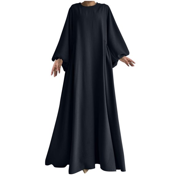 Ruimatai Women's Casual Summer Dress Solid Color Round Neck Long Sleeve Folded Polyester Comfortable Lightweight Fashion Dress for Daily Party Wedding