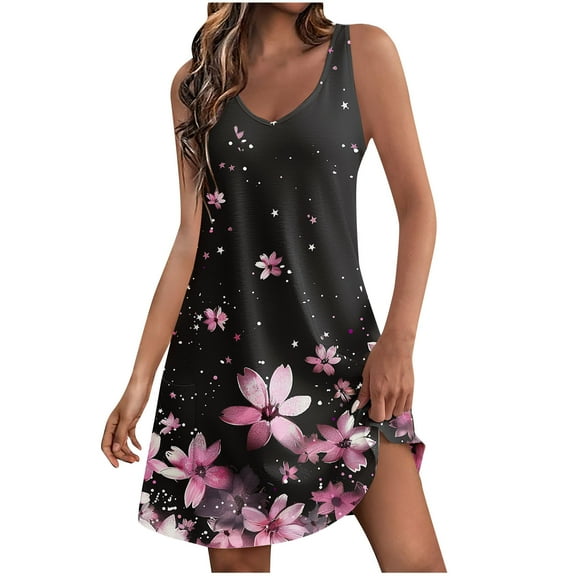 Ruimatai Women's Casual Summer Dress With Pockets Boho Beach T-Shirt Dress V Neck Loose Tank Dress Lightweight Comfortable For Dating Party Vacation
