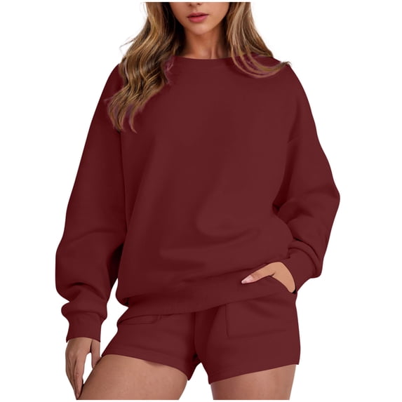 Ruimatai Women's Casual Sweatshirt Shorts Set 2-Piece Outfit Soft Comfortable Loungewear Long Sleeve Top and Shorts for Daily Wear Spring Fall