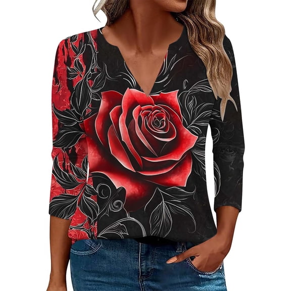 Ruimatai Women's Casual V-Neck 3/4 Sleeve Blouse Printed Loose Fit T-Shirt Top Comfortable Fashion Tops