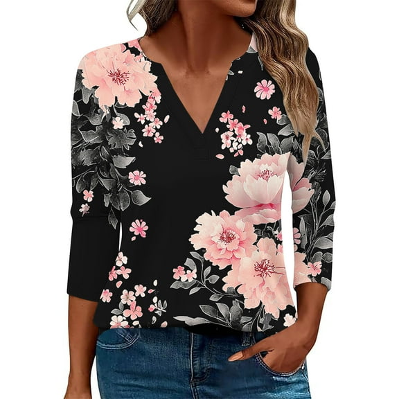 Ruimatai Women's Casual V-Neck 3/4 Sleeve Blouse Printed Loose Fit T-Shirt Top Comfortable Fashion Tops