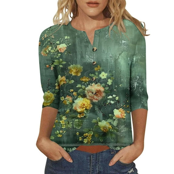 Ruimatai Women's Casual V-Neck 3/4 Sleeve T-Shirt Loose Fit Button Down Blouse Soft Breathable Comfortable Top