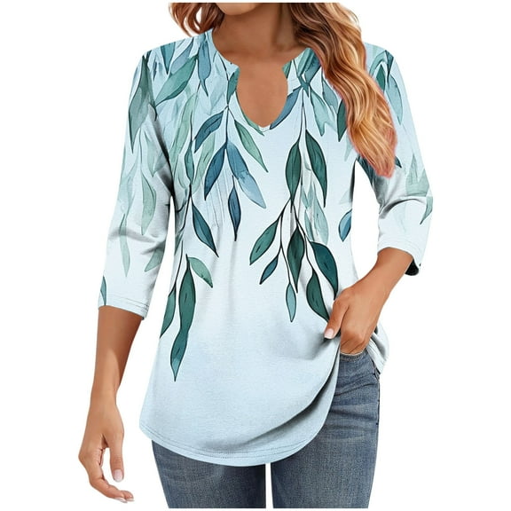 Ruimatai Women's Casual V-Neck 3/4 Sleeve Tops Printed Wrinkle Stripe Blouse Loose Fit Comfortable Polyester Tee Shirt