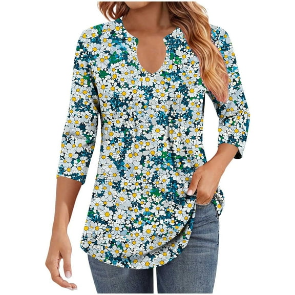 Ruimatai Women's Casual V-Neck 3/4 Sleeve Tops Printed Wrinkle Stripe Blouse Loose Fit Comfortable Polyester Tee Shirt