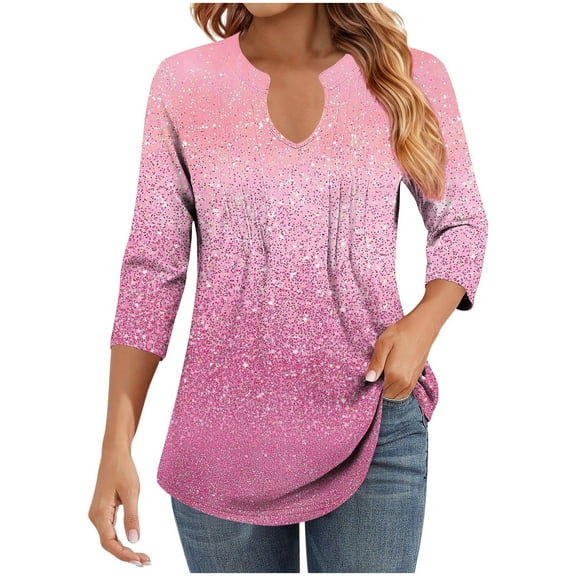 Ruimatai Women's Casual V-Neck 3/4 Sleeve Tops Printed Wrinkle Stripe Blouse Loose Fit Comfortable Polyester Tee Shirt