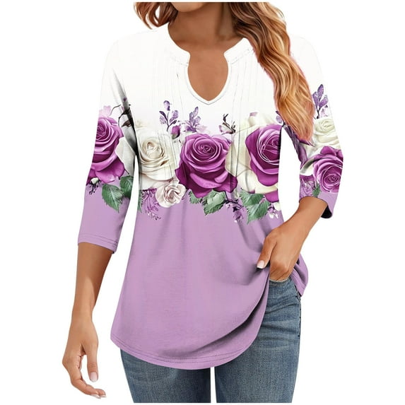 Ruimatai Women's Casual V-Neck 3/4 Sleeve Tops Printed Wrinkle Stripe Blouse Loose Fit Comfortable Polyester Tee Shirt