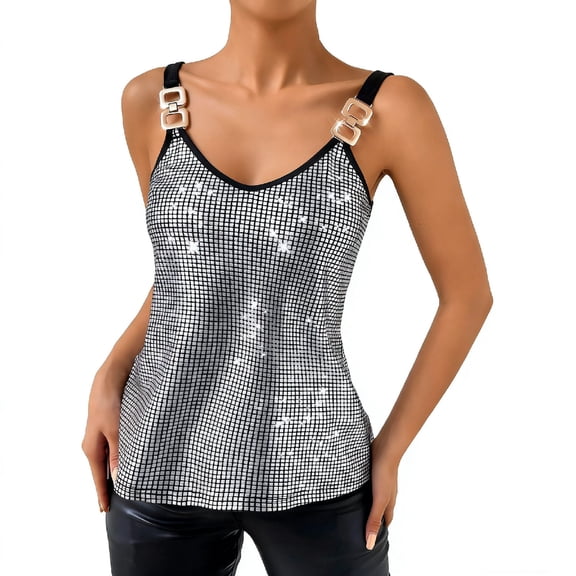 Ruimatai Women's Casual V Neck Asymmetrical Sequin Sleeveless Top with Buttons, Lightweight Comfortable Blouse for Daily Wear