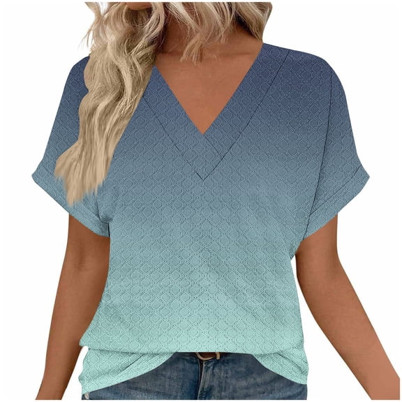 Ruimatai Women's Casual V-Neck Blouse with Ombre Print and Loose Fit Comfortable Short Sleeve Tops