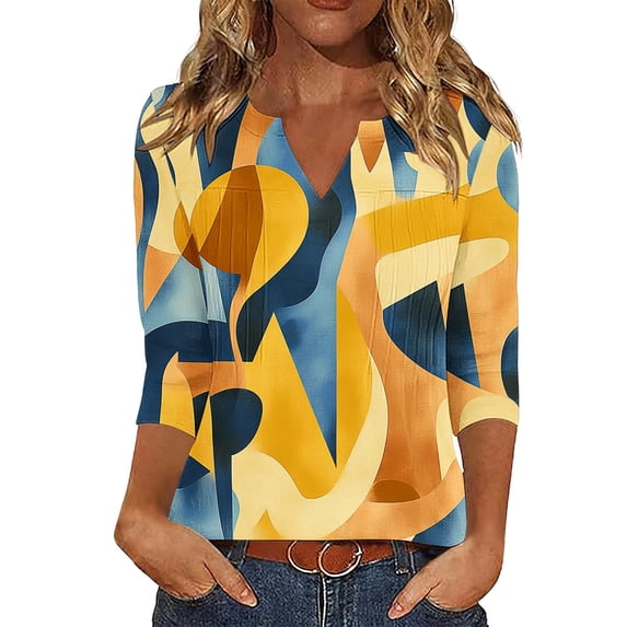 Ruimatai Women's Casual V Neck Blouses 3/4 Sleeve Pleated Tunic Tops for Summer Daily Work Wear