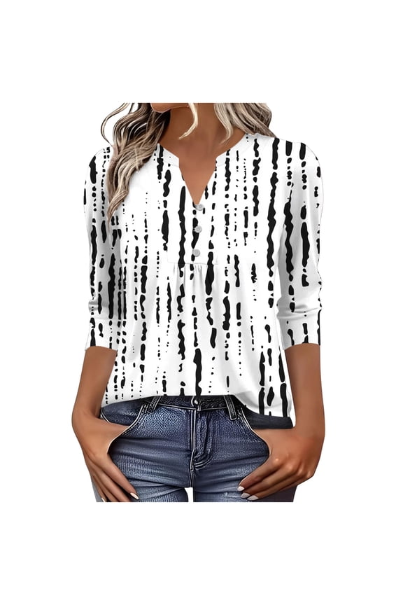 Women's Casual V-Neck Button-Detail Blouse with 3/4 Sleeves and Flowy Print Design for Spring Summer