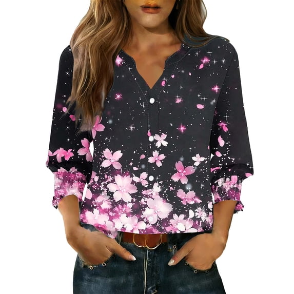 Ruimatai Women's Casual V-Neck Button Up Cardigan 3/4 Sleeve Soft Print Blouse Top for Spring Summer Fall Fashion Outfit