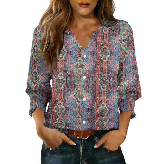 Ruimatai Women's Casual V-Neck Button Up Cardigan 3/4 Sleeve Soft Print Blouse Top for Spring Summer Fall Fashion Outfit
