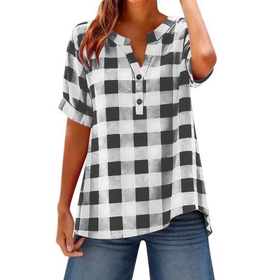 Ruimatai Women's Casual V-Neck Checkered Button-Up Shirt Loose Fit Short Sleeve Blouse for Summer
