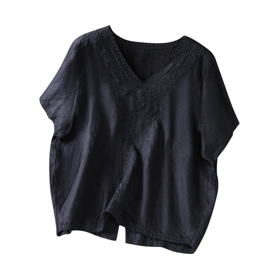 Ruimatai Women's Casual V-Neck Embroidered Top Linen-Like Short Sleeve Blouse Comfortable Stylish Pullover for Daily Wear