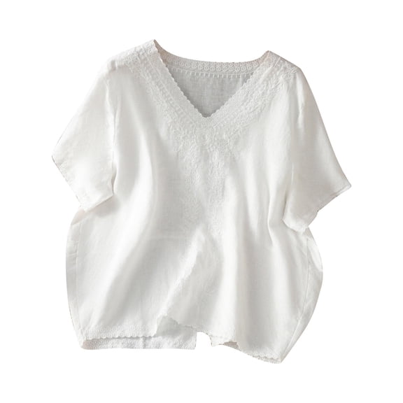 Ruimatai Women's Casual V-Neck Embroidered Top Linen-Like Short Sleeve Blouse Comfortable Stylish Pullover for Daily Wear