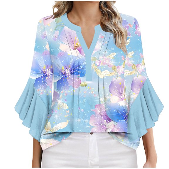 Ruimatai Women's Casual V-Neck Floral Print Ruffle Sleeve Blouse Summer Loose Fit Tunic Top Soft Comfortable Fashion Shirt for Party Office Travel