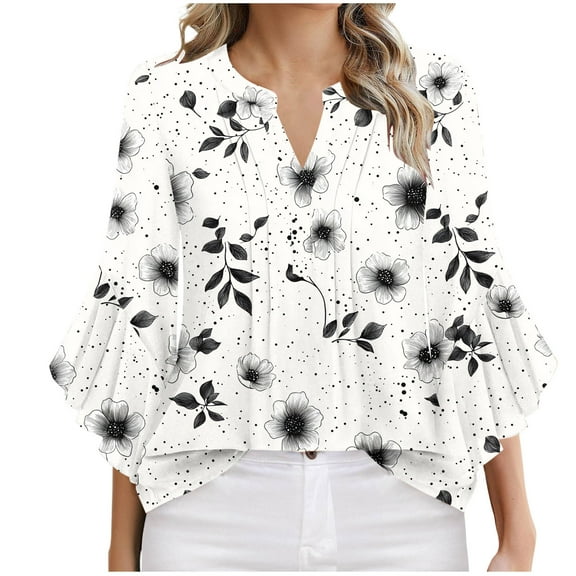 Ruimatai Women's Casual V-Neck Floral Print Ruffle Sleeve Blouse Summer Loose Fit Tunic Top Soft Comfortable Fashion Shirt for Party Office Travel