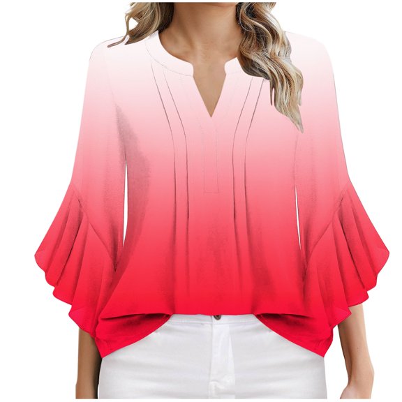 Ruimatai Women's Casual V-Neck Floral Print Ruffle Sleeve Blouse Summer Loose Fit Tunic Top Soft Comfortable Fashion Shirt for Party Office Travel