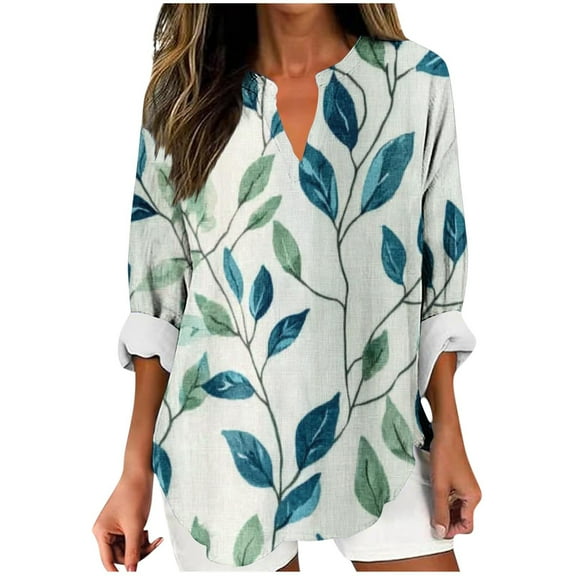 Ruimatai Women's Casual V-Neck Long Sleeve Blouse Soft Comfortable Loose Fit Printed Tops for Daily Wear Party Office Travel